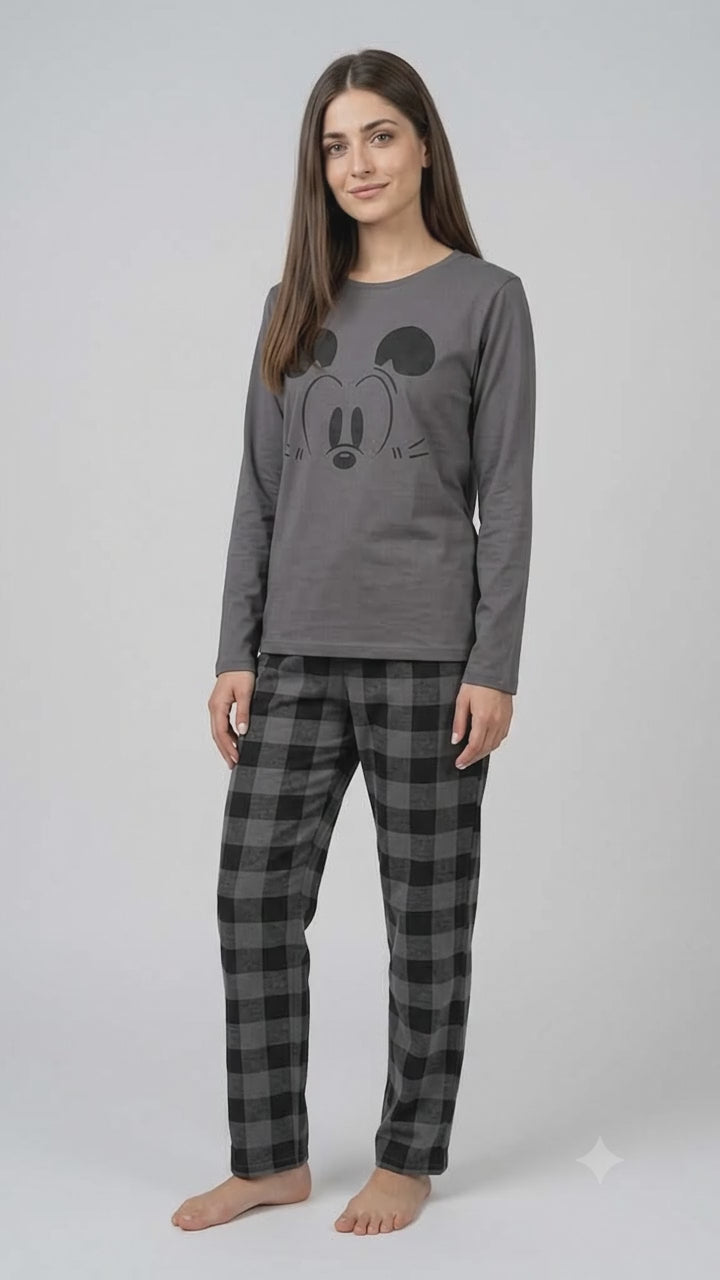 Women's Grey Mickey Mouse Print Night Suit