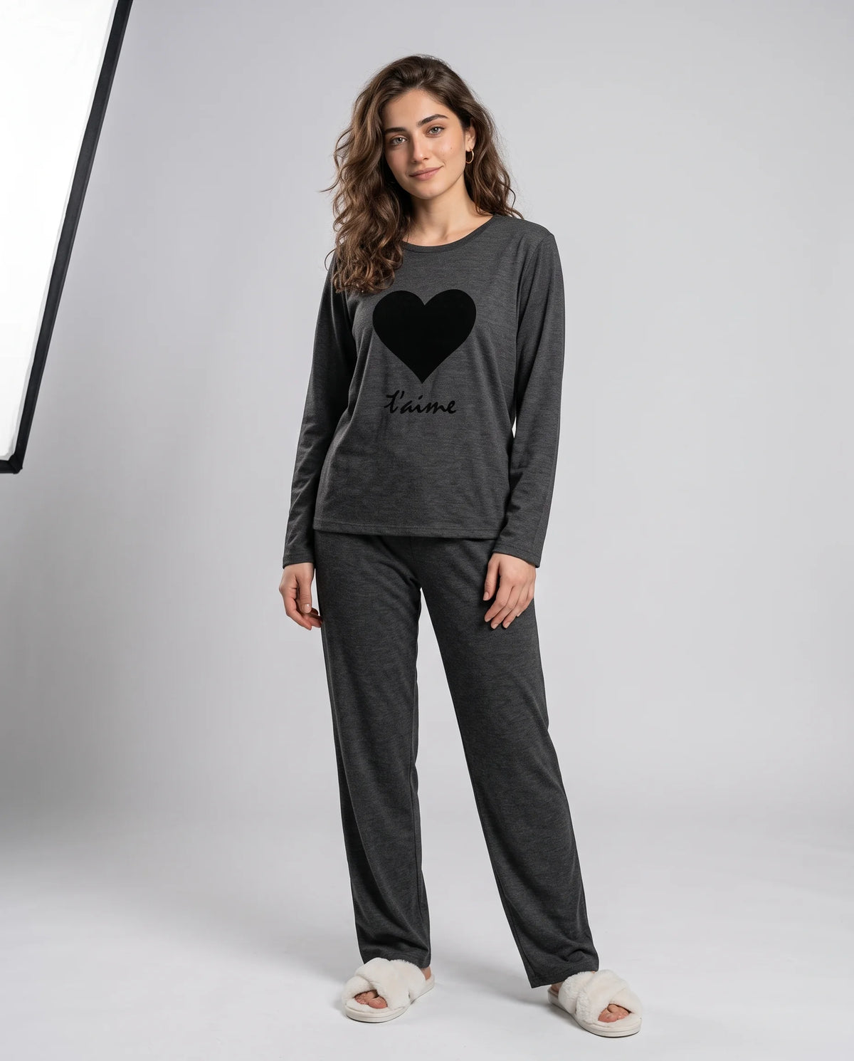 Women's Dark Grey Heart Print Night Suit