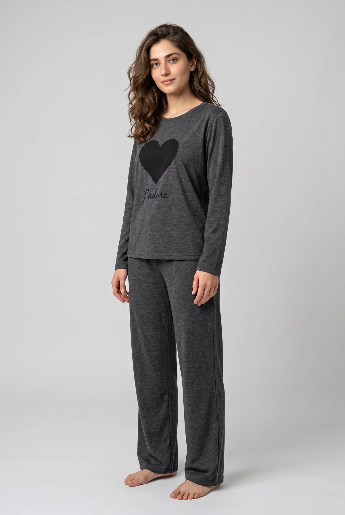 Women's Dark Grey Heart Print Night Suit