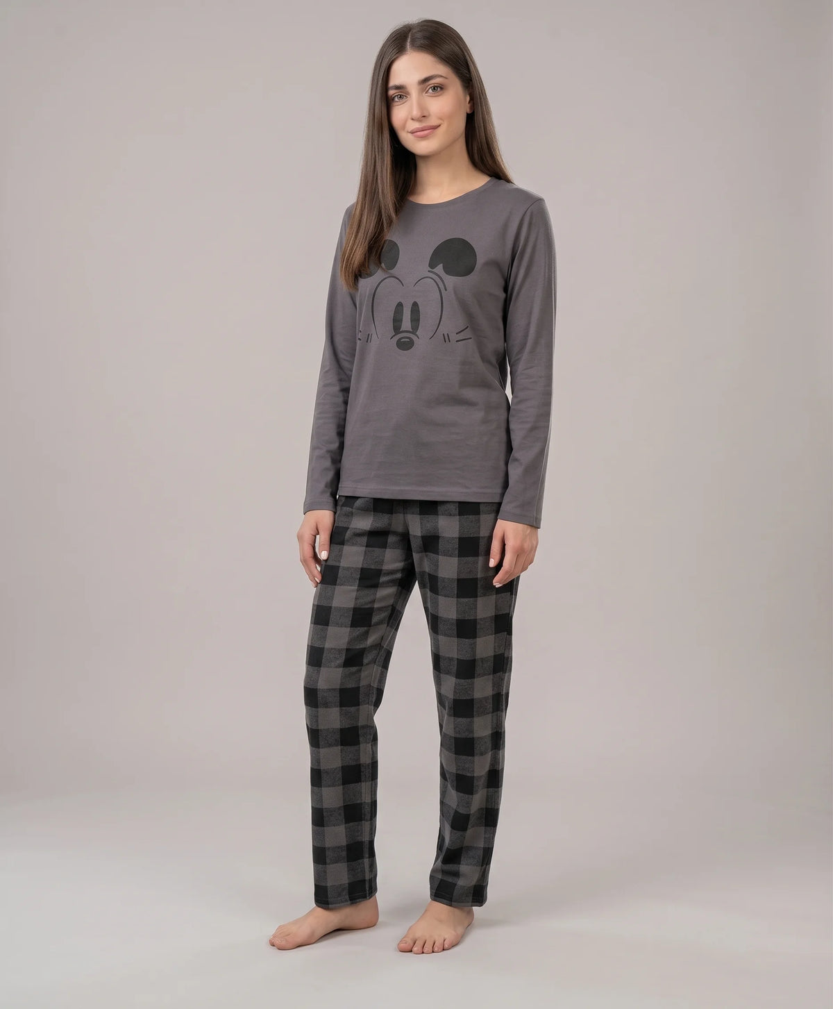 Women's Grey Mickey Mouse Print Night Suit